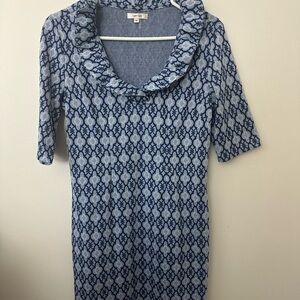 Tyler Boe Blue Patterned Mini Dress with Ruffled neck